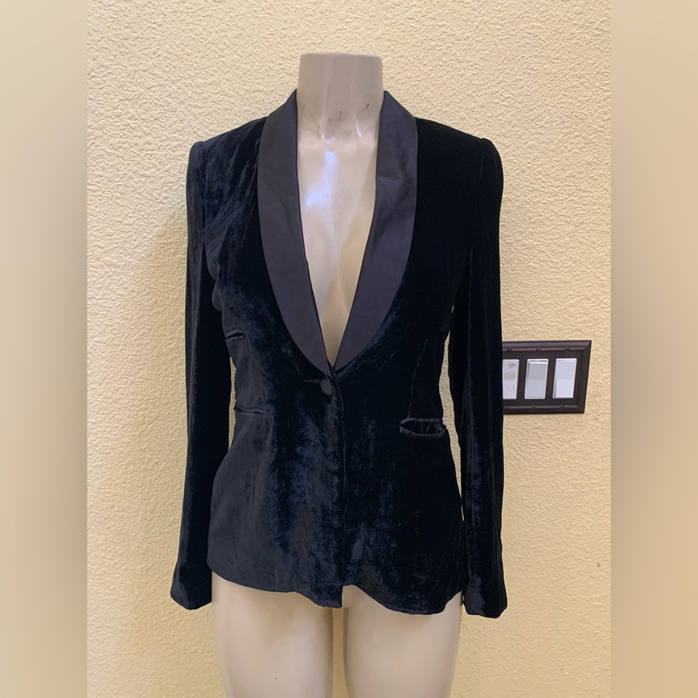 Zara Woman Size XS Black Velvet One Button Blazer With Satin Shawl Collar